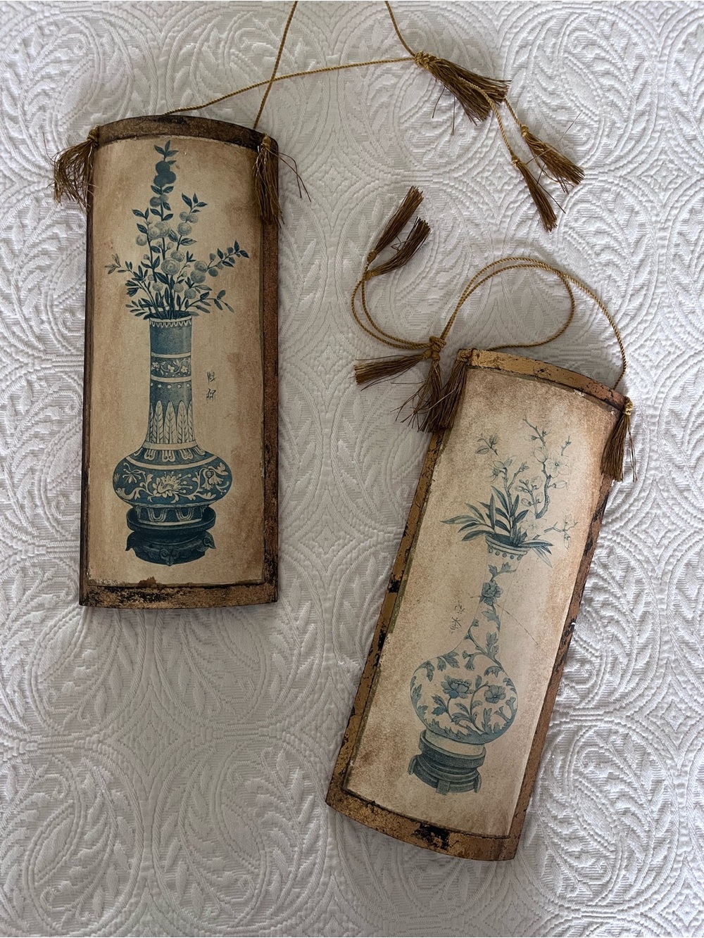 Vintage Florentine Wall Art Panel Set Guild Master Gilded Asian Blue Gold Tassel